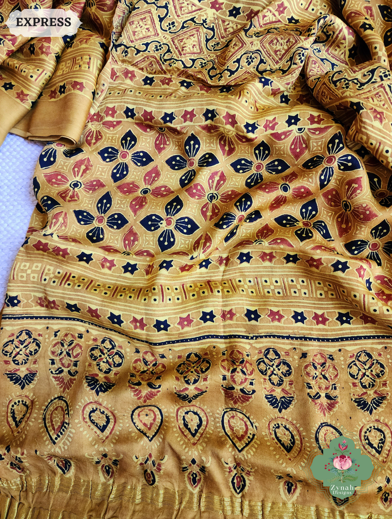 Yellow Ajrakh Modal Silk Saree With Tissue Pallu Crafted Using The Traditional Method Of Hand Block Printing Using 100% Natural Dyes 9