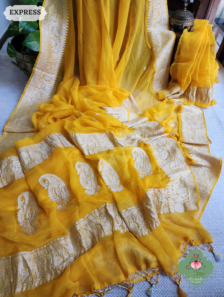 Zynah Yellow Handwoven Pure Khaddi Chiffon Banarasi Saree With Pure Silver Water Zari Woven Butas & Border; Custom Stitched/Ready-made Blouse, Fall, Petticoat; SKU: 2901202501