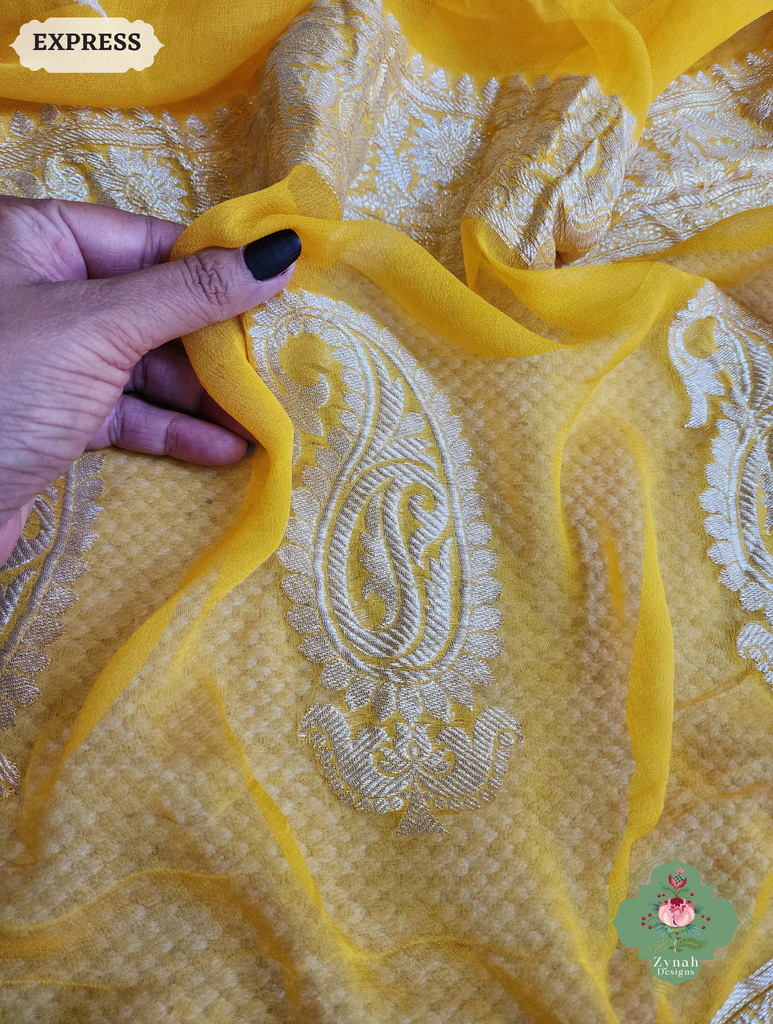 Zynah Yellow Handwoven Pure Khaddi Chiffon Banarasi Saree With Pure Silver Water Zari Woven Butas & Border; Custom Stitched/Ready-made Blouse, Fall, Petticoat; SKU: 2901202501