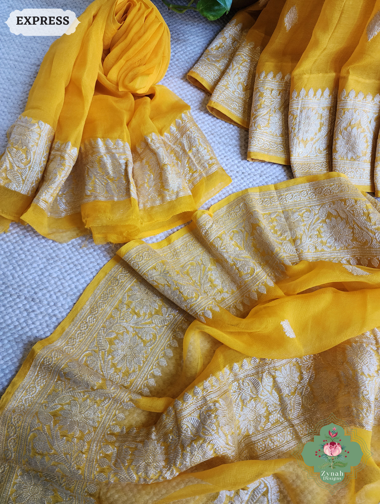 Zynah Yellow Handwoven Pure Khaddi Chiffon Banarasi Saree With Pure Silver Water Zari Woven Butas & Border; Custom Stitched/Ready-made Blouse, Fall, Petticoat; SKU: 2901202501