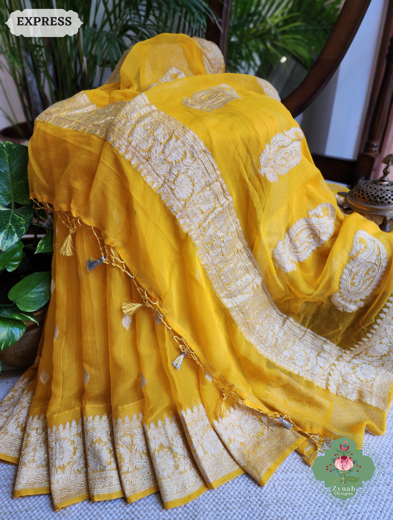 Zynah Yellow Handwoven Pure Khaddi Chiffon Banarasi Saree With Pure Silver Water Zari Woven Butas & Border; Custom Stitched/Ready-made Blouse, Fall, Petticoat; SKU: 2901202501