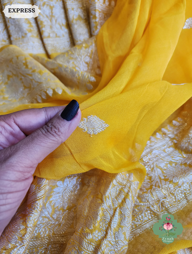 Zynah Yellow Handwoven Pure Khaddi Chiffon Banarasi Saree With Pure Silver Water Zari Woven Butas & Border; Custom Stitched/Ready-made Blouse, Fall, Petticoat; SKU: 2901202501