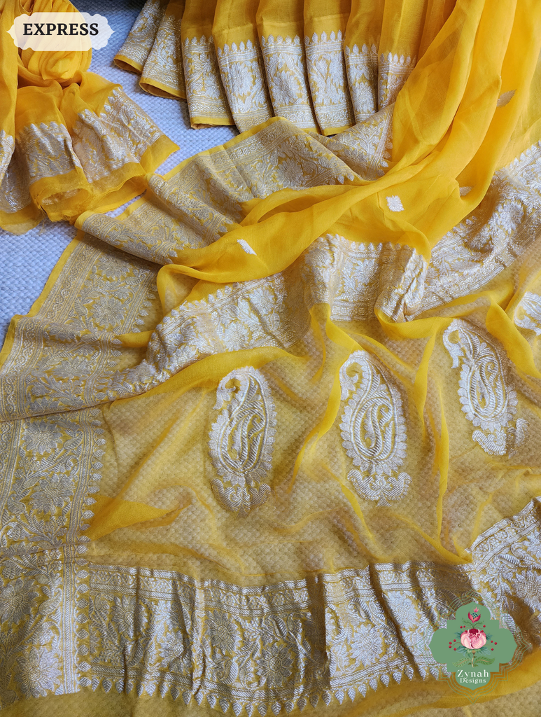 Zynah Yellow Handwoven Pure Khaddi Chiffon Banarasi Saree With Pure Silver Water Zari Woven Butas & Border; Custom Stitched/Ready-made Blouse, Fall, Petticoat; SKU: 2901202501