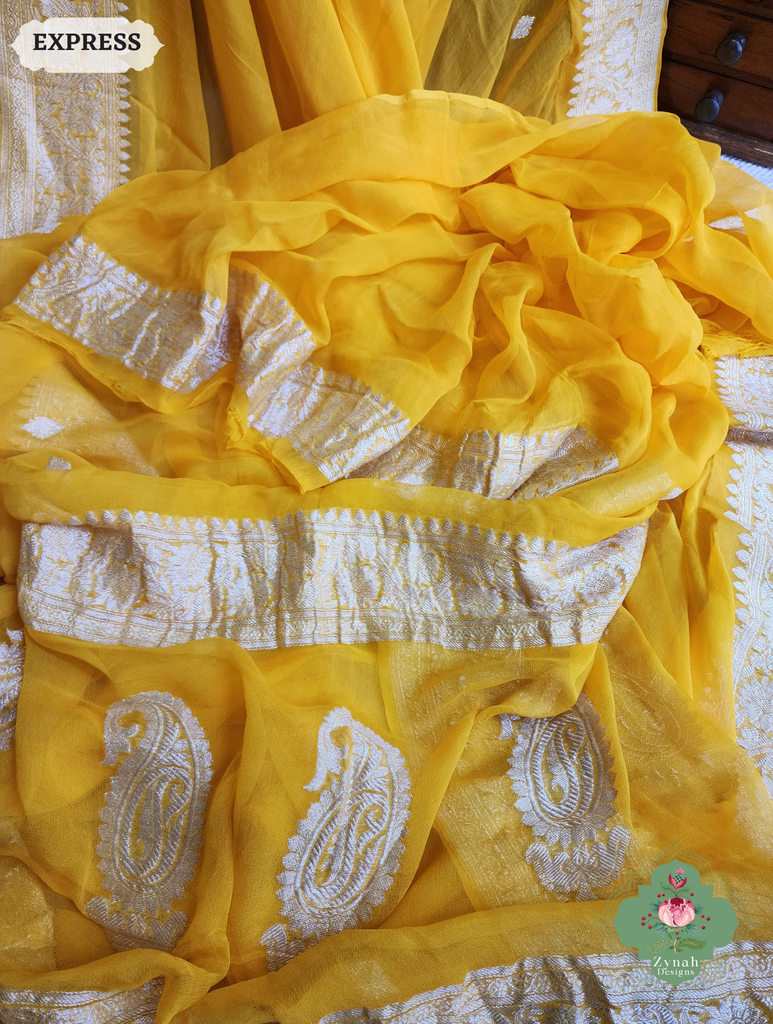 Zynah Yellow Handwoven Pure Khaddi Chiffon Banarasi Saree With Pure Silver Water Zari Woven Butas & Border; Custom Stitched/Ready-made Blouse, Fall, Petticoat; SKU: 2901202501