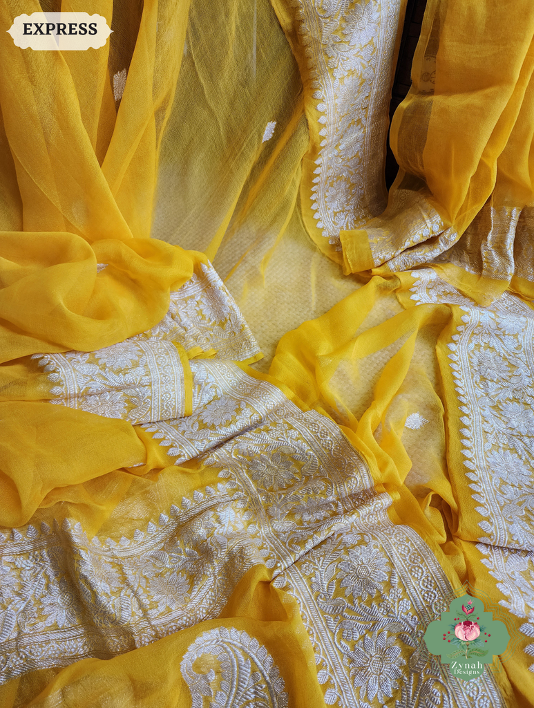 Zynah Yellow Handwoven Pure Khaddi Chiffon Banarasi Saree With Pure Silver Water Zari Woven Butas & Border; Custom Stitched/Ready-made Blouse, Fall, Petticoat; SKU: 2901202501