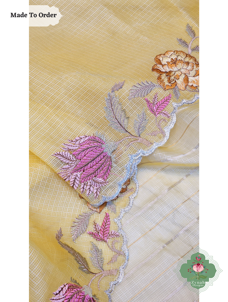 Zynah Made To Order Yellow Kota Tussar Silk Saree With Embroidery; Custom Stitched/Ready-made Blouse, Fall, Petticoat; SKU: 1510202505