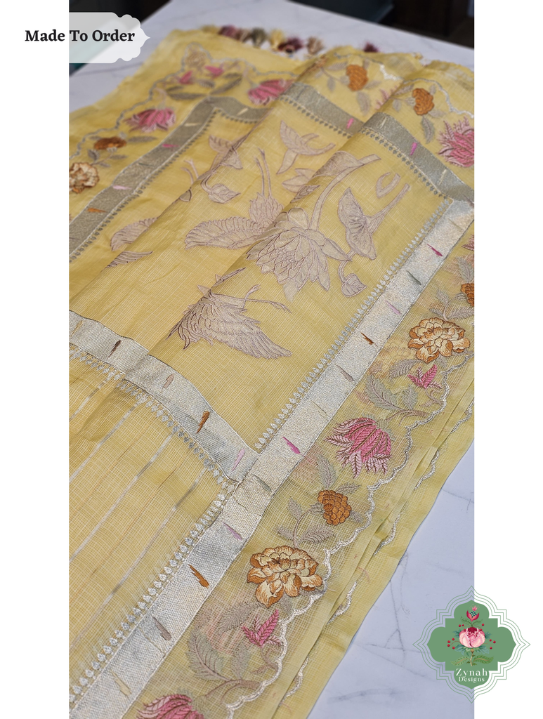 Zynah Made To Order Yellow Kota Tussar Silk Saree With Embroidery; Custom Stitched/Ready-made Blouse, Fall, Petticoat; SKU: 1510202505
