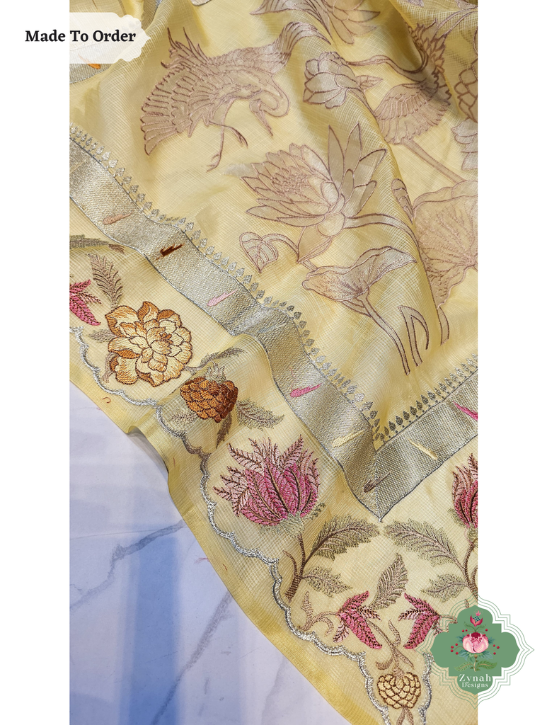 Zynah Made To Order Yellow Kota Tussar Silk Saree With Embroidery; Custom Stitched/Ready-made Blouse, Fall, Petticoat; SKU: 1510202505