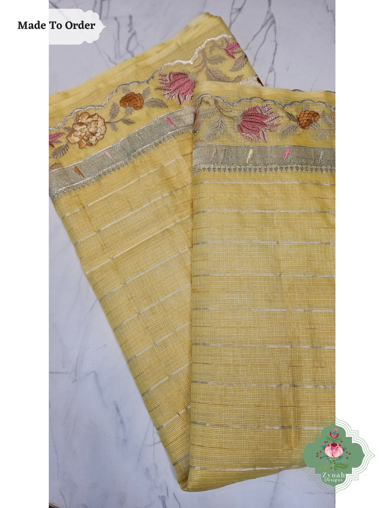 Zynah Made To Order Yellow Kota Tussar Silk Saree With Embroidery; Custom Stitched/Ready-made Blouse, Fall, Petticoat; SKU: 1510202505