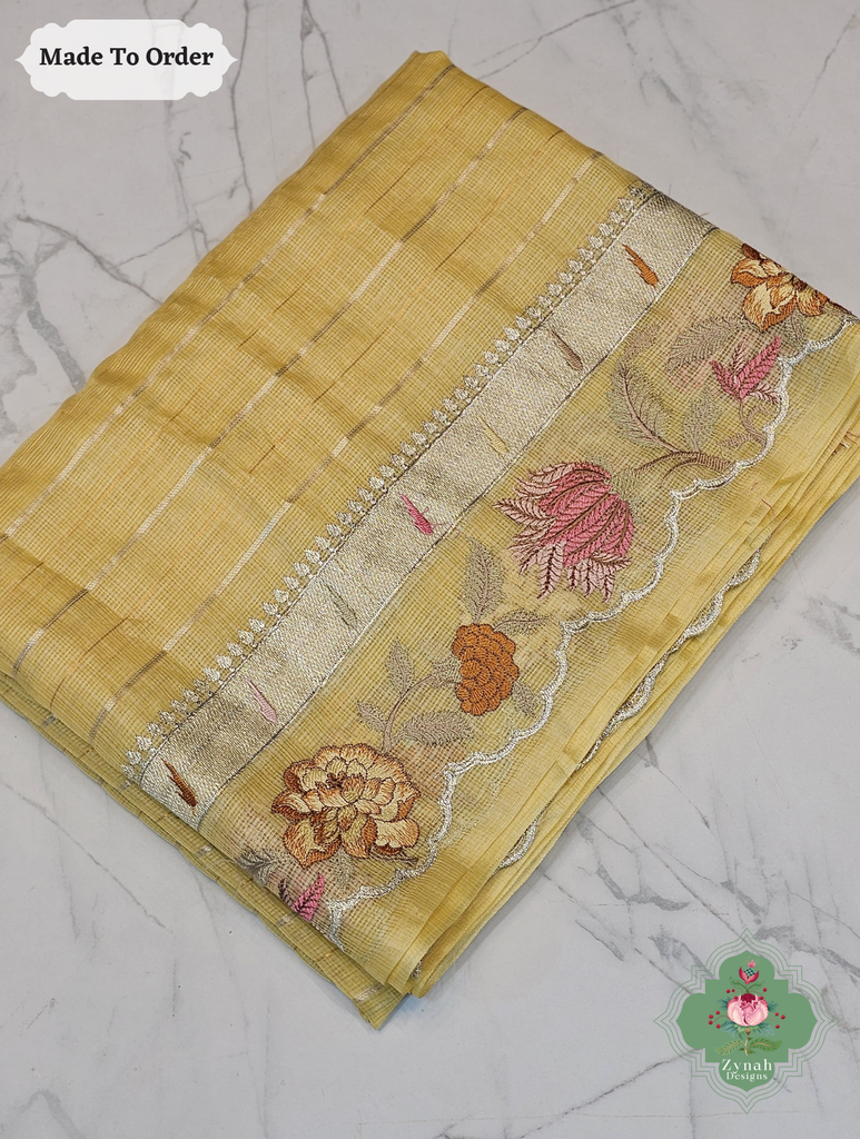 Zynah Made To Order Yellow Kota Tussar Silk Saree With Embroidery; Custom Stitched/Ready-made Blouse, Fall, Petticoat; SKU: 1510202505