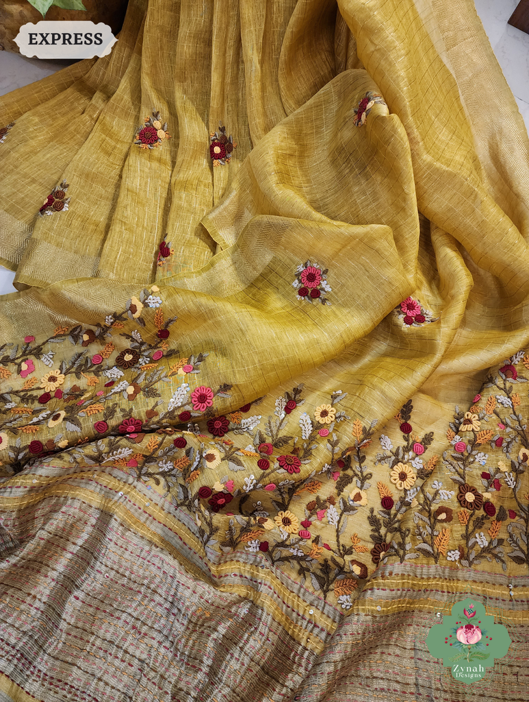 Mustard Yellow Linen Silk Saree With Frenchknot Hand Embroidery 3