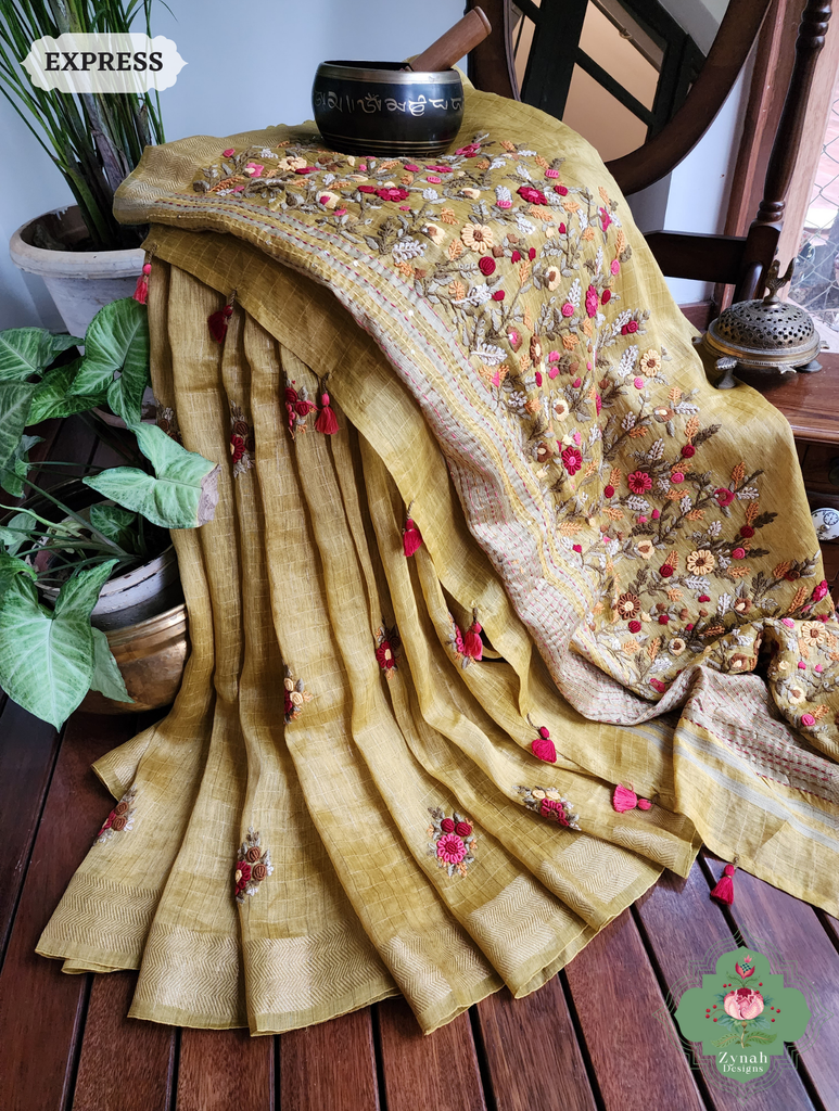 Mustard Yellow Linen Silk Saree With Frenchknot Hand Embroidery 4