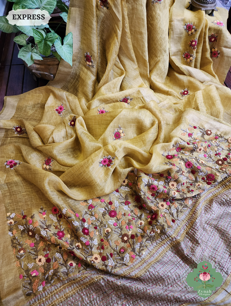 Mustard Yellow Linen Silk Saree With Frenchknot Hand Embroidery 5