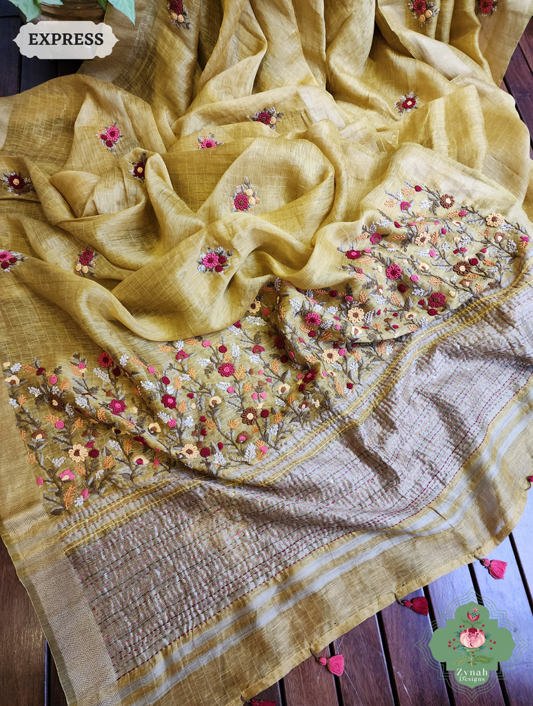 Mustard Yellow Linen Silk Saree With Frenchknot Hand Embroidery 6