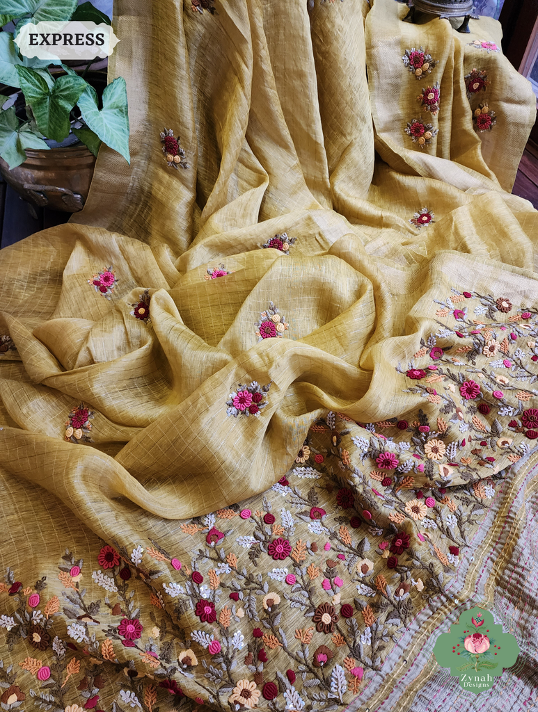 Zynah Mustard Yellow Linen Silk Saree With Frenchknot Hand Embroidery; Custom Stitched/Ready-made Blouse, Fall, Petticoat; SKU: 1206202404