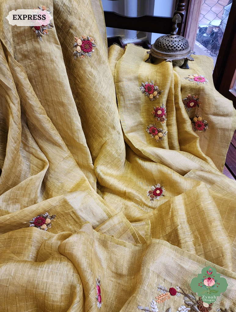 Mustard Yellow Linen Silk Saree With Frenchknot Hand Embroidery 8
