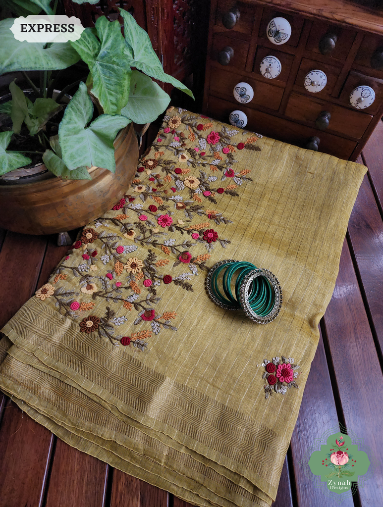 Mustard Yellow Linen Silk Saree With Frenchknot Hand Embroidery 9