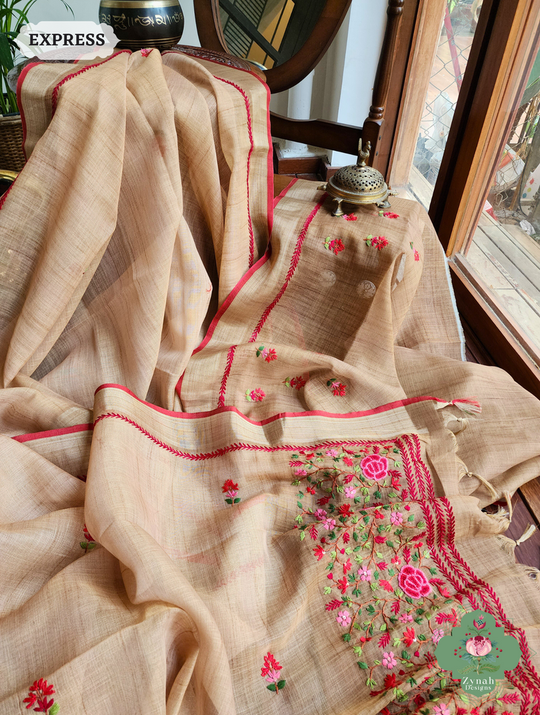 Yellow Linen Tissue Saree With Frenchknot Hand Embroidery 10