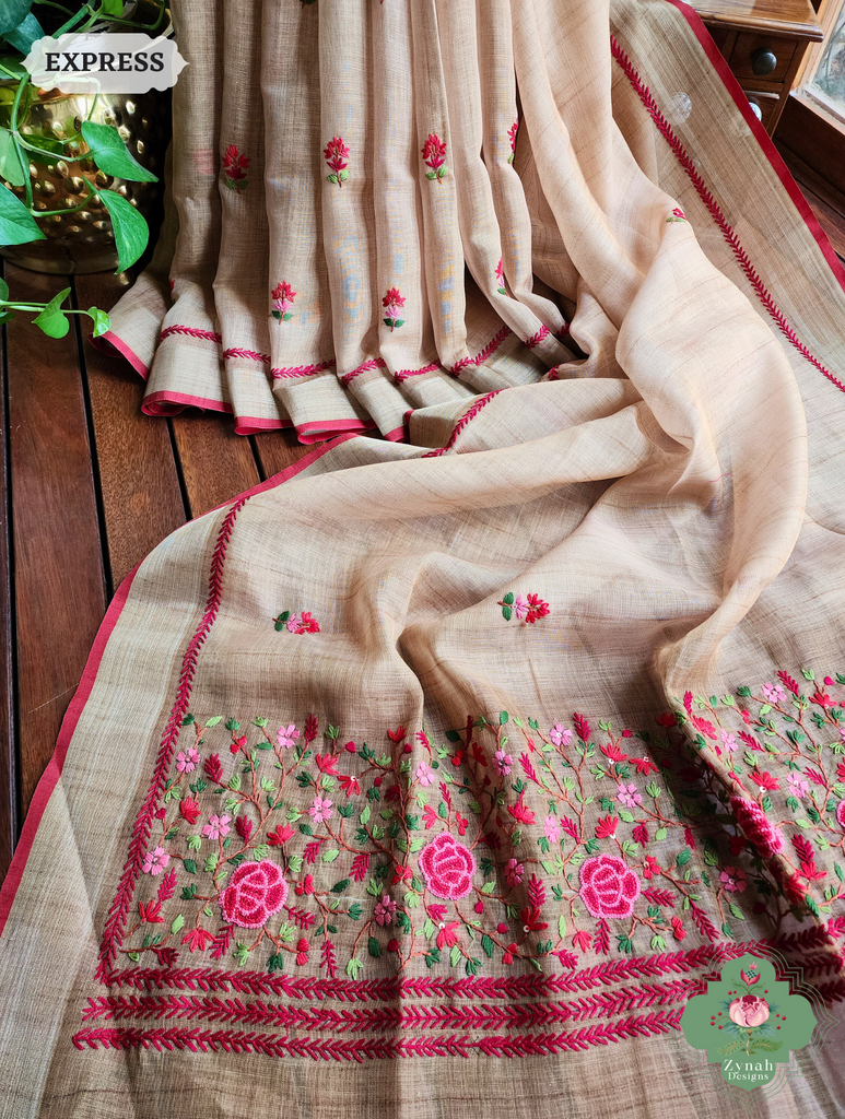 Yellow Linen Tissue Saree With Frenchknot Hand Embroidery 3
