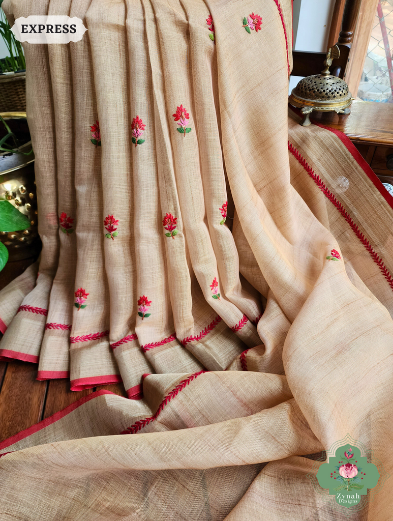Yellow Linen Tissue Saree With Frenchknot Hand Embroidery 4