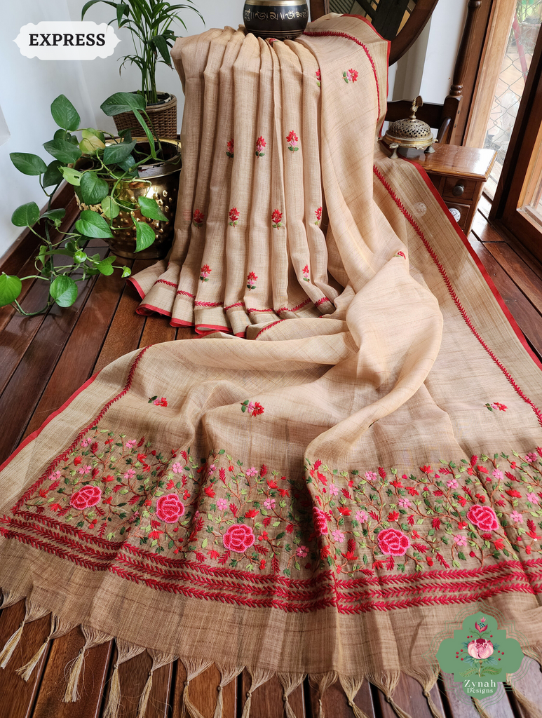 Yellow Linen Tissue Saree With Frenchknot Hand Embroidery 5