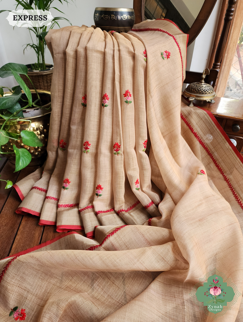 Yellow Linen Tissue Saree With Frenchknot Hand Embroidery 6