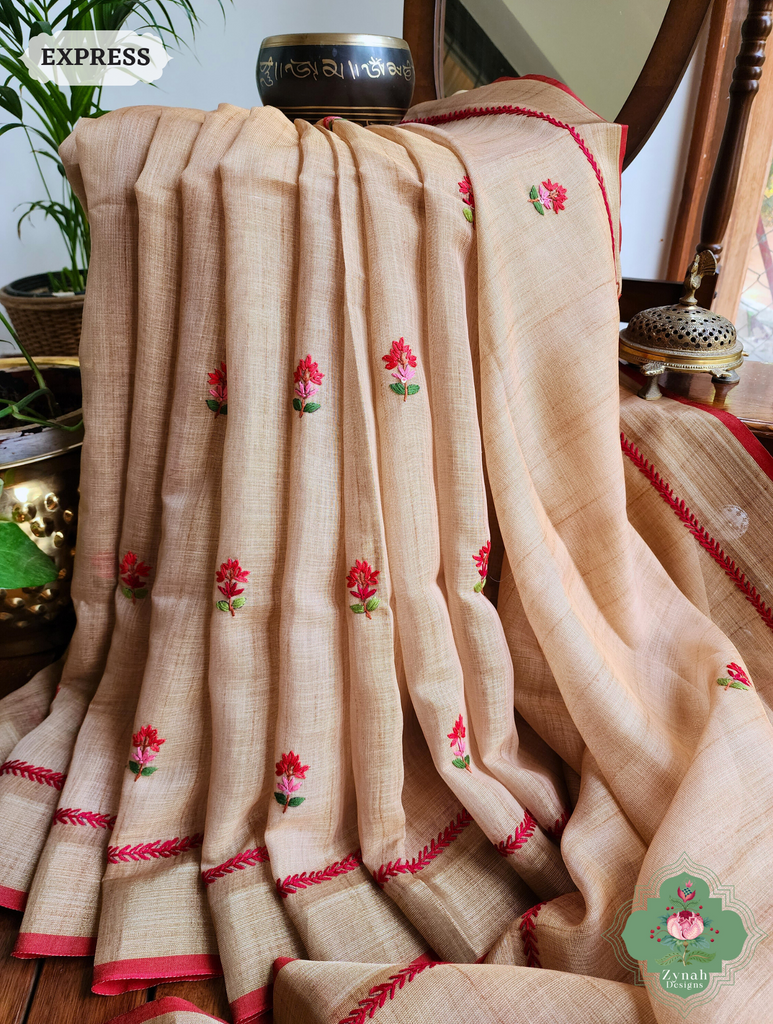 Yellow Linen Tissue Saree With Frenchknot Hand Embroidery 7