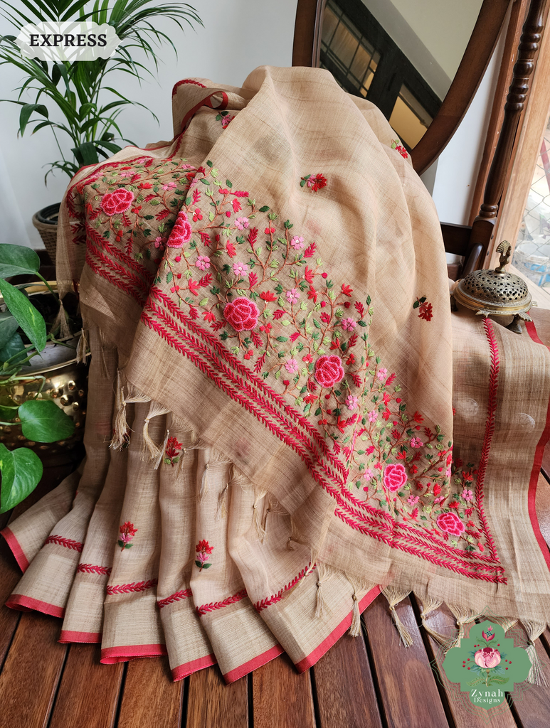 Yellow Linen Tissue Saree With Frenchknot Hand Embroidery 8