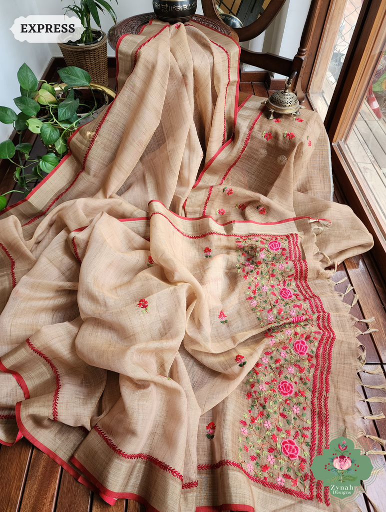 Yellow Linen Tissue Saree With Frenchknot Hand Embroidery 9