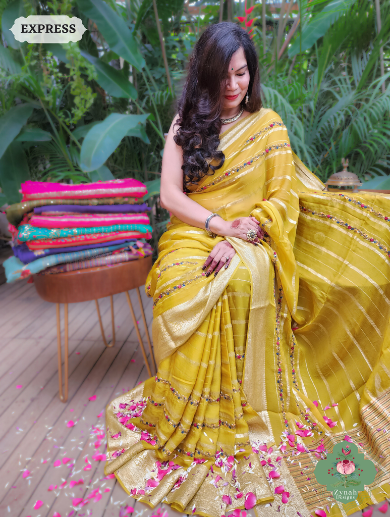 Yellow Organza Crepe Silk Saree With Zari Borders & Stripes & French Knot Hand Embroidery 10