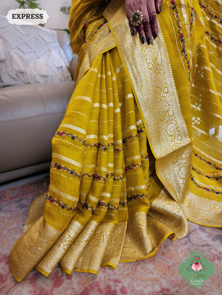 Yellow Organza Crepe Silk Saree With Zari Borders & Stripes & French Knot Hand Embroidery 11
