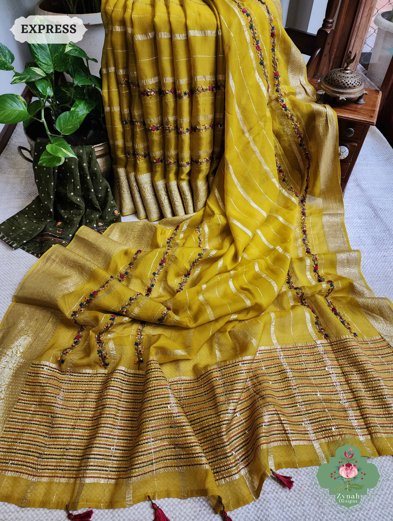 Yellow Organza Crepe Silk Saree With Zari Borders & Stripes & French Knot Hand Embroidery 12