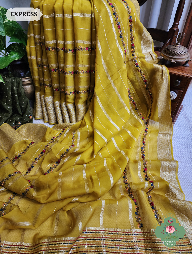 Yellow Organza Crepe Silk Saree With Zari Borders & Stripes & French Knot Hand Embroidery 13