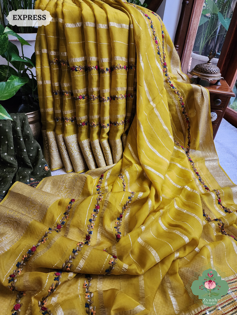 Yellow Organza Crepe Silk Saree With Zari Borders & Stripes & French Knot Hand Embroidery 14
