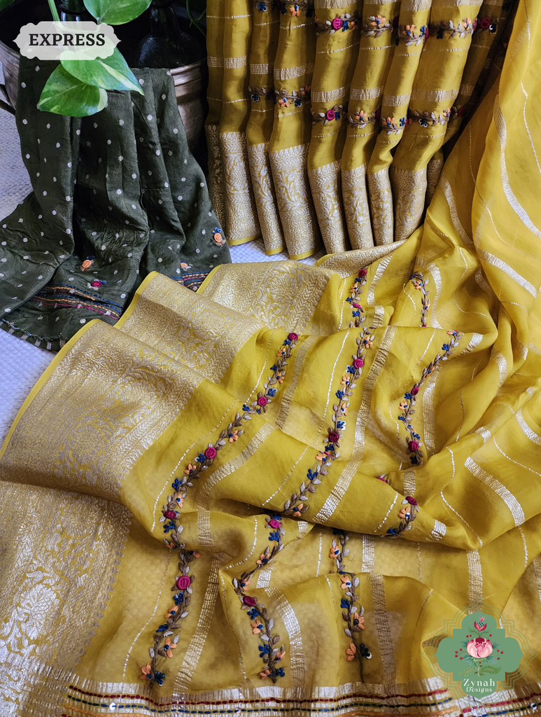 Yellow Organza Crepe Silk Saree With Zari Borders & Stripes & French Knot Hand Embroidery 15