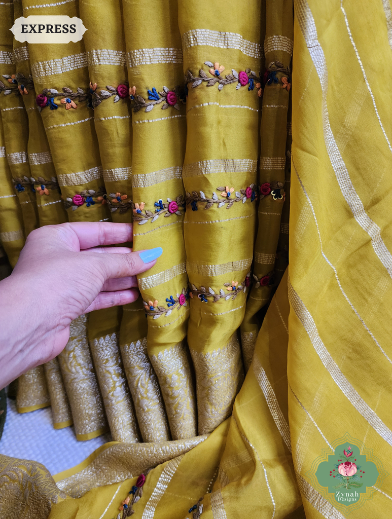 Yellow Organza Crepe Silk Saree With Zari Borders & Stripes & French Knot Hand Embroidery 16
