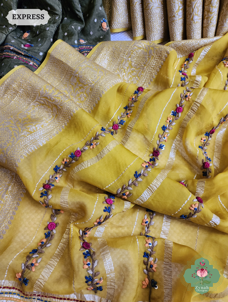 Yellow Organza Crepe Silk Saree With Zari Borders & Stripes & French Knot Hand Embroidery 17