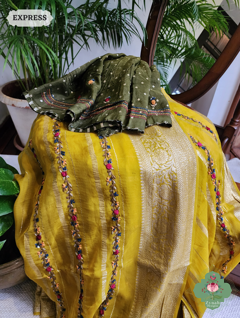 Yellow Organza Crepe Silk Saree With Zari Borders & Stripes & French Knot Hand Embroidery 18