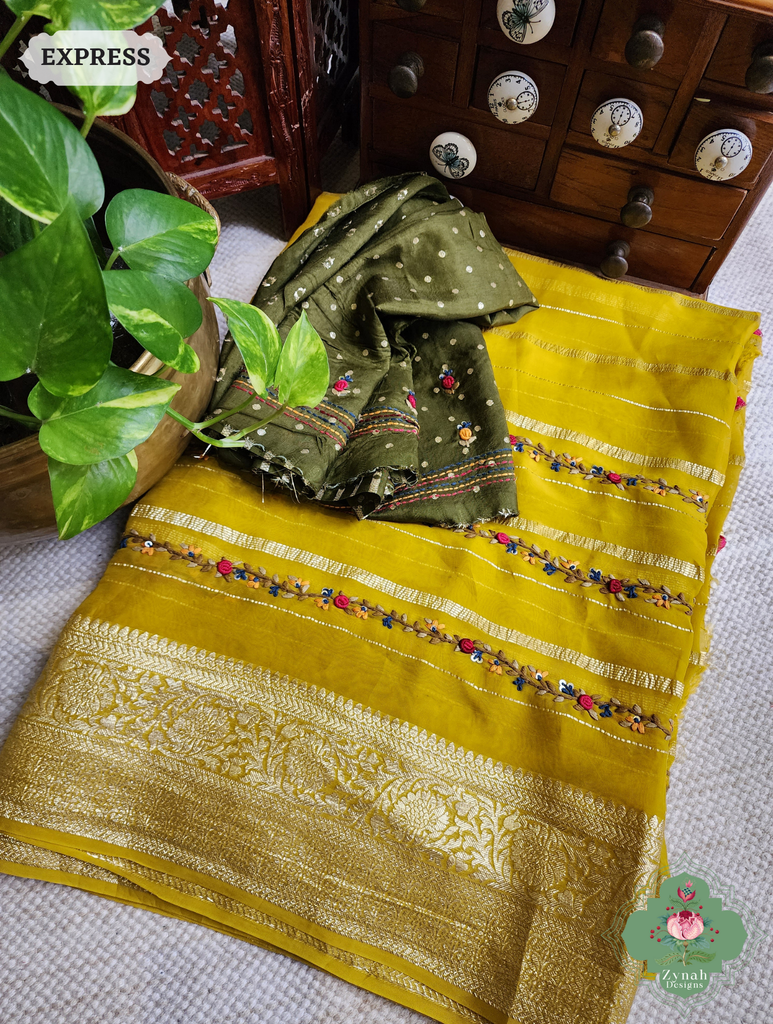 Yellow Organza Crepe Silk Saree With Zari Borders & Stripes & French Knot Hand Embroidery 19
