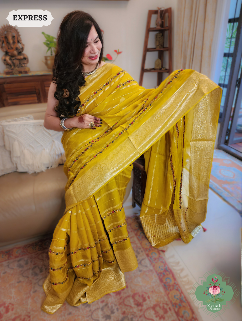 Yellow Organza Crepe Silk Saree With Zari Borders & Stripes & French Knot Hand Embroidery 3