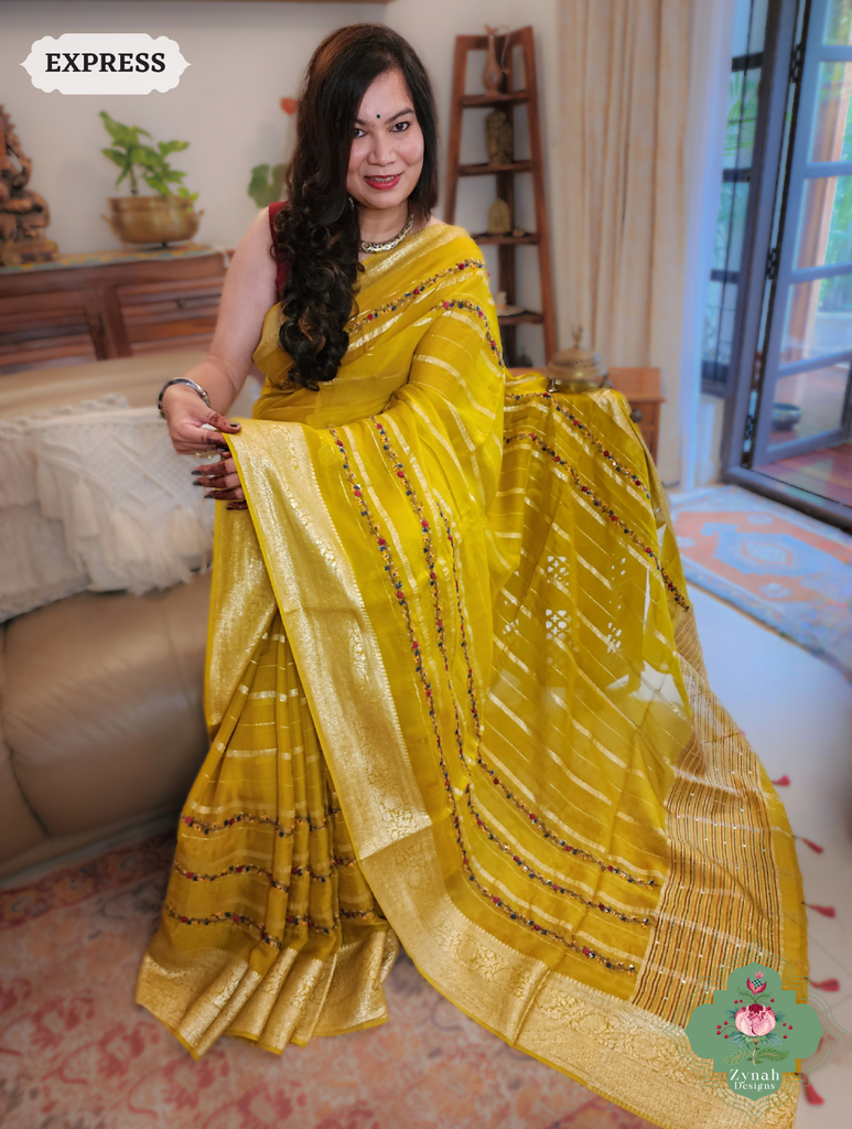 Yellow Organza Crepe Silk Saree With Zari Borders & Stripes & French Knot Hand Embroidery 5