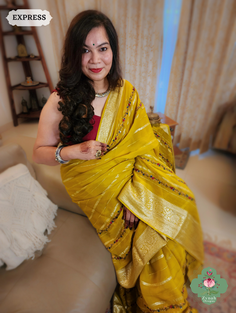 Yellow Organza Crepe Silk Saree With Zari Borders & Stripes & French Knot Hand Embroidery 6