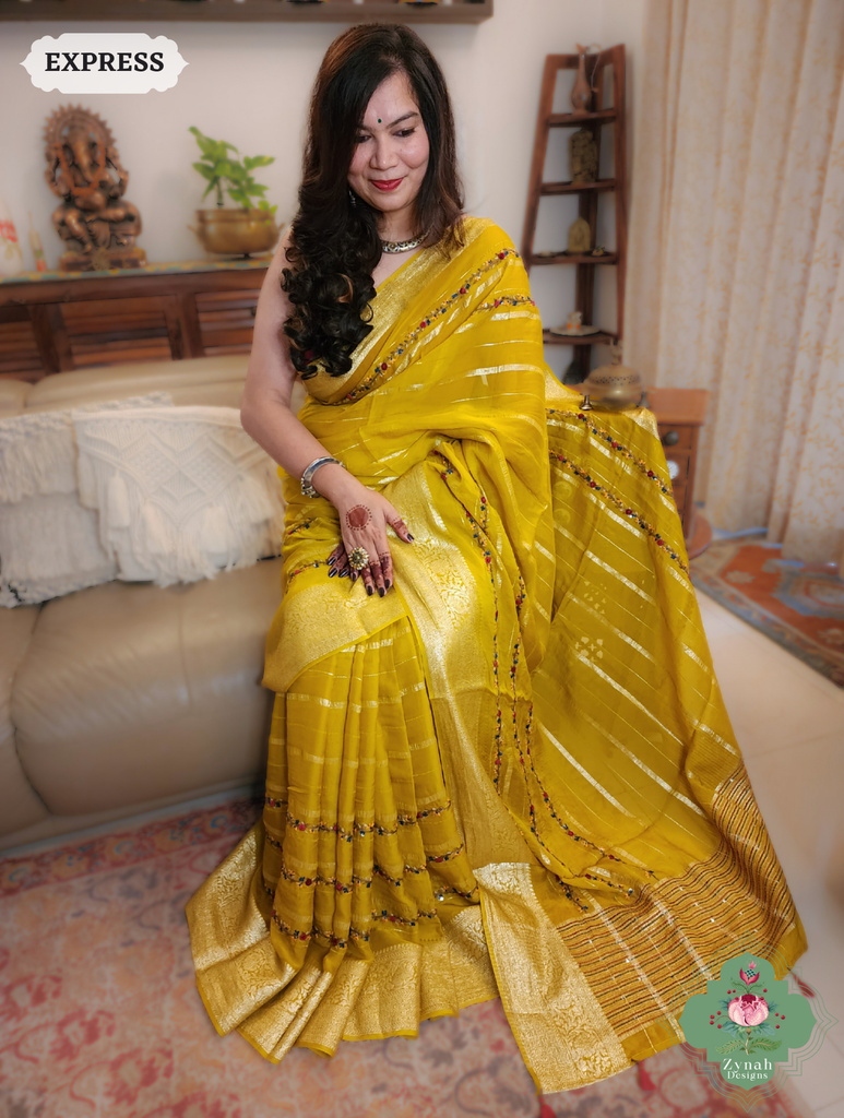 Yellow Organza Crepe Silk Saree With Zari Borders & Stripes & French Knot Hand Embroidery