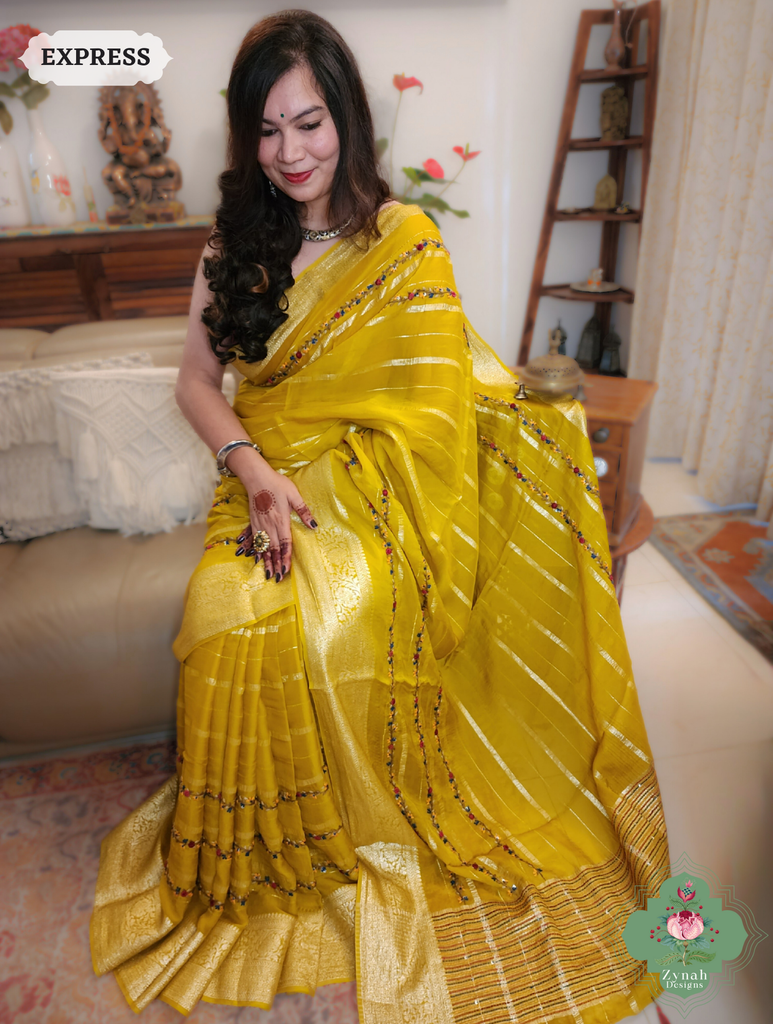 Yellow Organza Crepe Silk Saree With Zari Borders & Stripes & French Knot Hand Embroidery 8