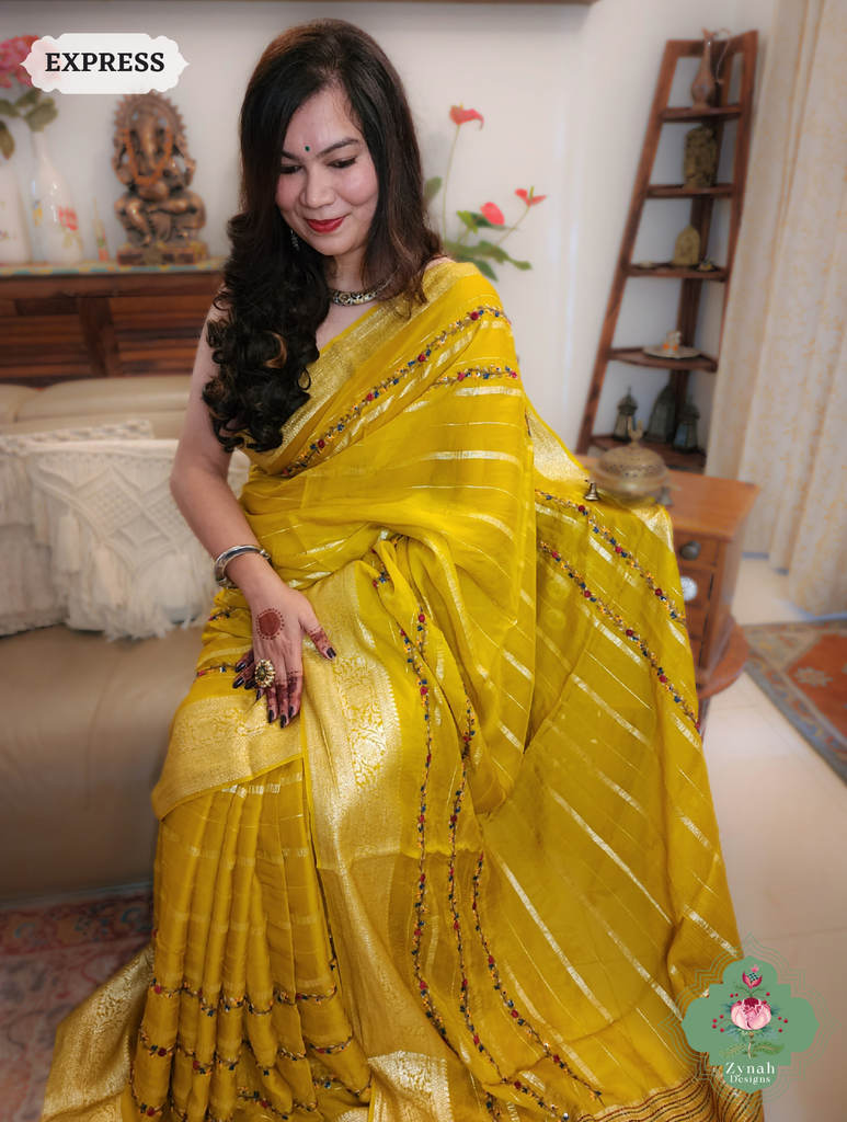 Yellow Organza Crepe Silk Saree With Zari Borders & Stripes & French Knot Hand Embroidery 9