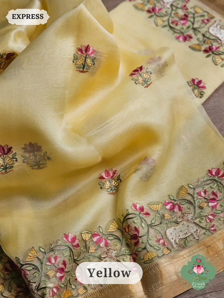 Zynah Off White Pure Organza Silk Saree With Pichwai Embroidery & Multicolor Tassels On Pallu; Custom Stitched/Ready-made Blouse, Fall, Petticoat; SKU: 2711202303