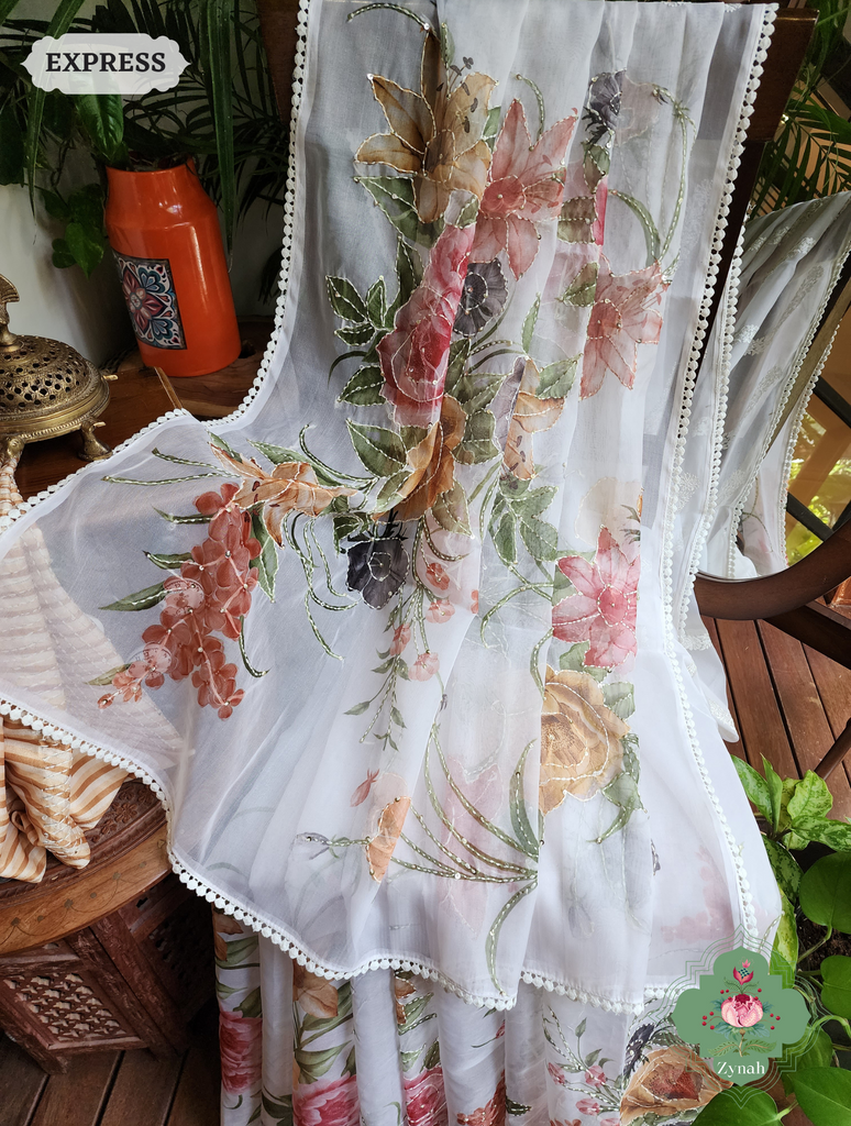 Zynah Off White / Yellow Organza Silk Saree With Floral Print & Kantha, Sequins & Chikankari Work; Custom Stitched/Ready-made Blouse, Fall, Petticoat; SKU: 3007202302