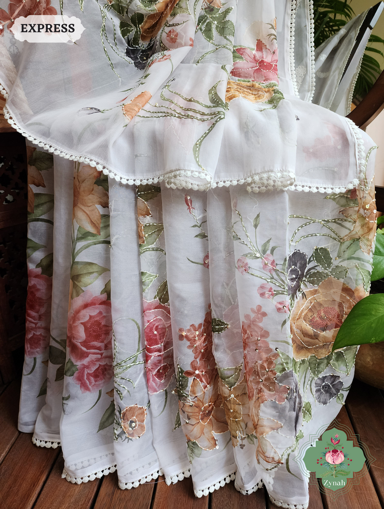 Zynah Off White / Yellow Organza Silk Saree With Floral Print & Kantha, Sequins & Chikankari Work; Custom Stitched/Ready-made Blouse, Fall, Petticoat; SKU: 3007202302