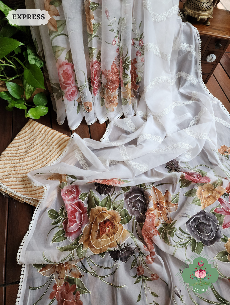 Zynah Off White / Yellow Organza Silk Saree With Floral Print & Kantha, Sequins & Chikankari Work; Custom Stitched/Ready-made Blouse, Fall, Petticoat; SKU: 3007202302