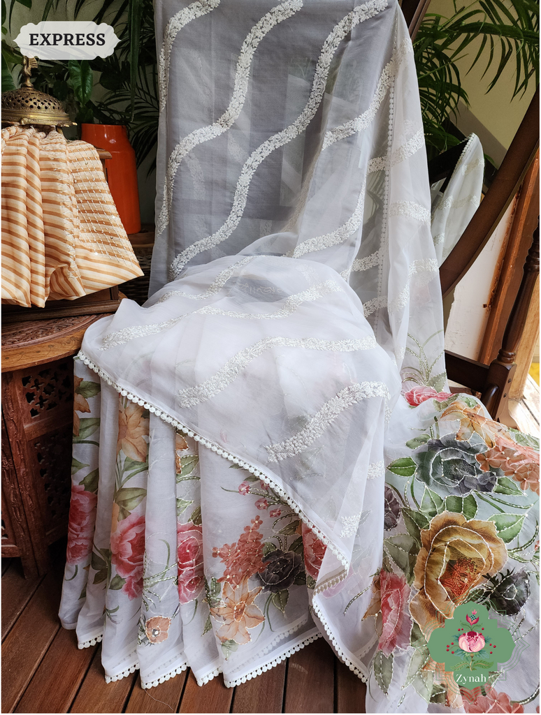 Zynah Off White / Yellow Organza Silk Saree With Floral Print & Kantha, Sequins & Chikankari Work; Custom Stitched/Ready-made Blouse, Fall, Petticoat; SKU: 3007202302